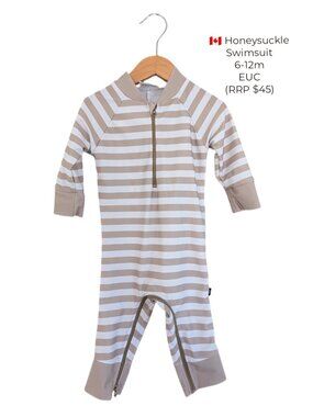 Honeysuckle Full Sunsuit Swimsuit Rashguard | Beige and Cream Striped 6-12m